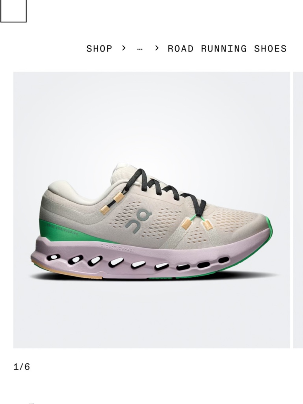 On Running Cloudsurfer Women’s Running Shoe in Light Gray with Green Accents